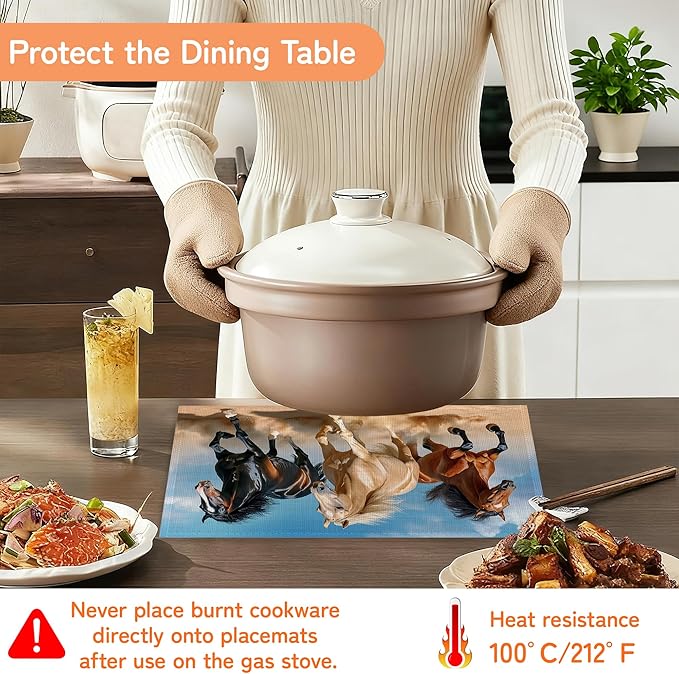 Running Horse Placemats Set of 6,Waterproof Heat Resistant Dining Table Plate Mat for Home Kitchen Dining Table 12x18Inch