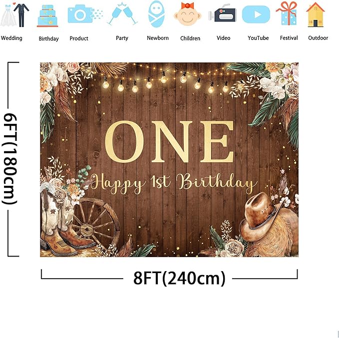 SVBright Western Cowgirl First Birthday Backdrop 8Wx6H One Year Old Pampas Grass Country West Rustic Wooden Flower Retro Boots Hat Decorations Photography Background Banner Photo Booth Studio