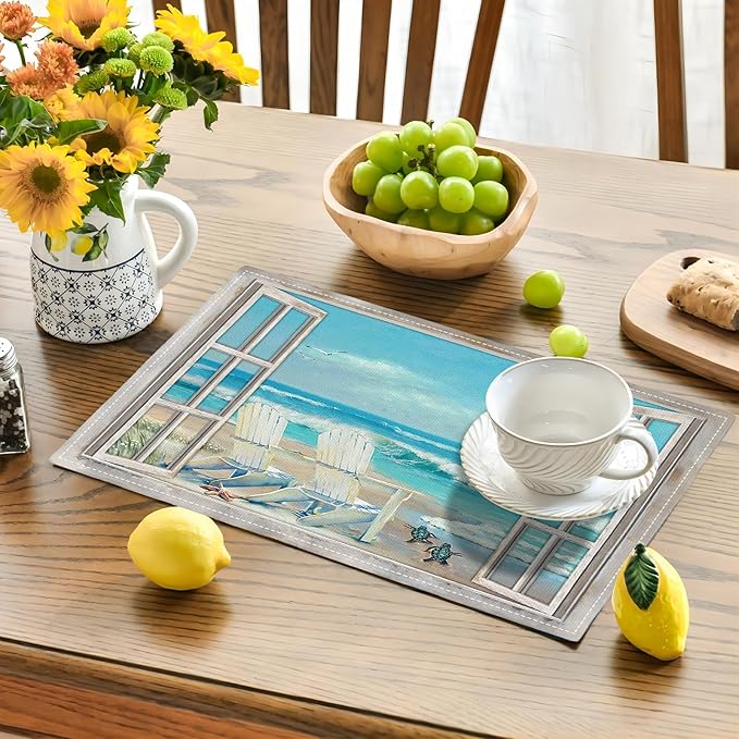 Coastal Beach Placemats Set of 6 Seascape Ocean Table Mats Washable Place Mats for Home Party Indoor Kitchen Dining Table Decoration 12x18 Inch