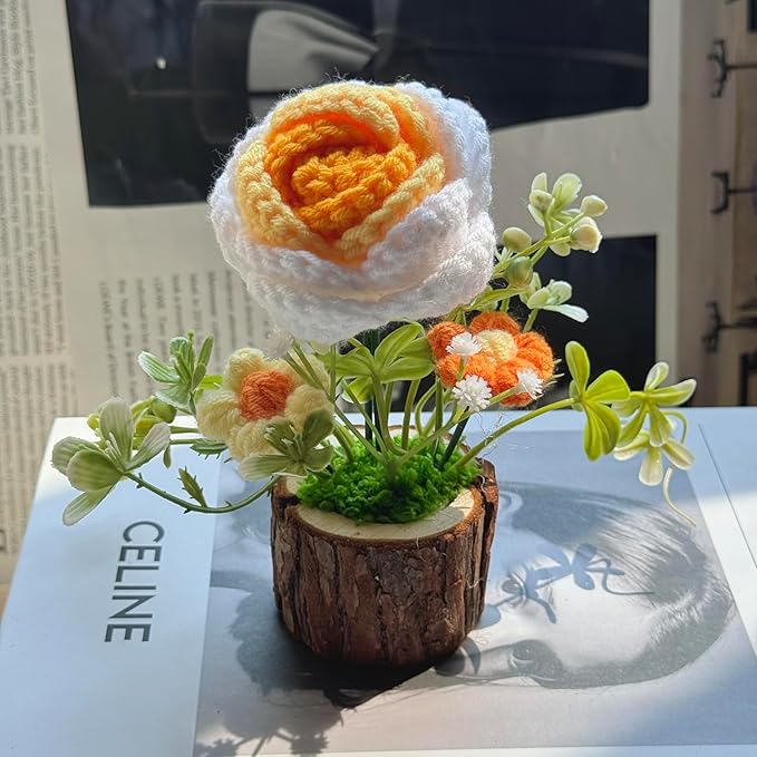Handmade Crochet Rose Bouquet Knitted Creative Potted Plant Cute Home Desktop Decorations and Gifts for Friends, Lovers, Classmates (Yellow Roses)
