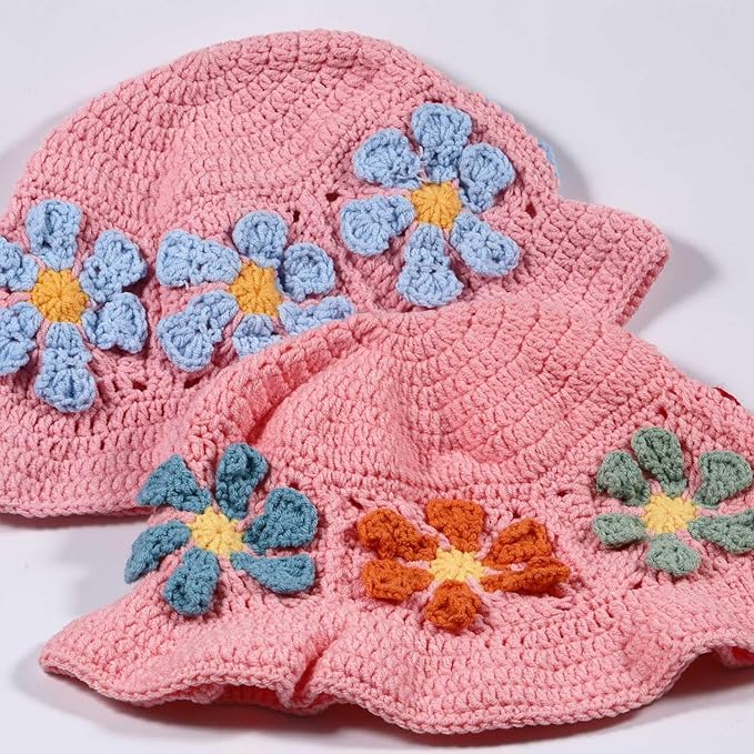 Crochet Bucket Hat for Women Flower Knit Hat Hollow Out Foldable Cap Hats