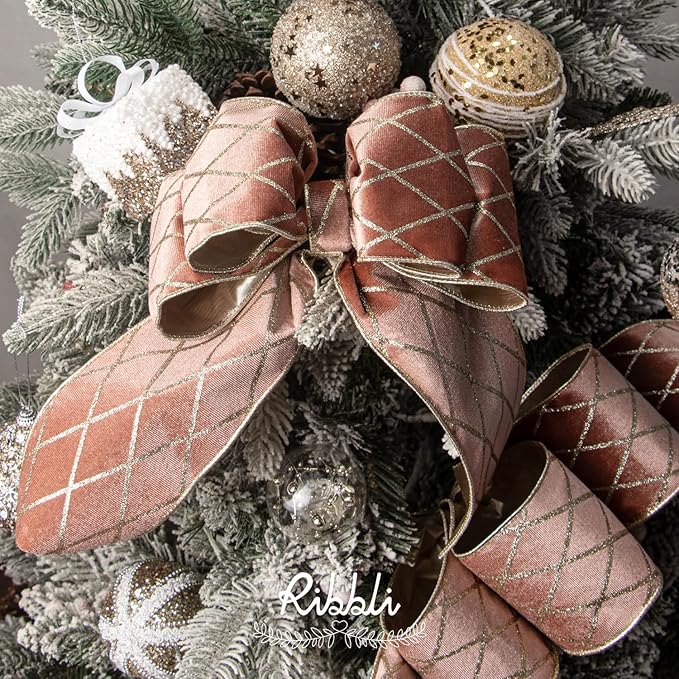 Ribbli Rose Gold Velvet Ribbon Wired with Glitter Diamond Grid 4 Inch Christmas Ribbon for Christmas Tree Decoration Big Bow Gift Wrapping Crafts Wreaths Garland Supplies - 10 Yards