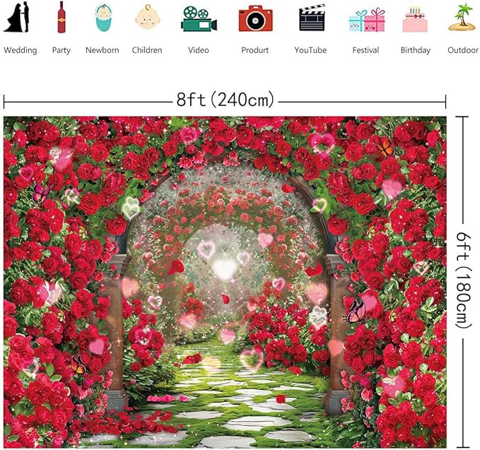 Valentines Day Flowers Garden Backdrops Red Rose Spring Floral Scene Photography Backdrop Girls Birthday Bridal Shower Wedding Party Decorations Banner Photo Booth Props (8x6FT(94 x 70 inch))