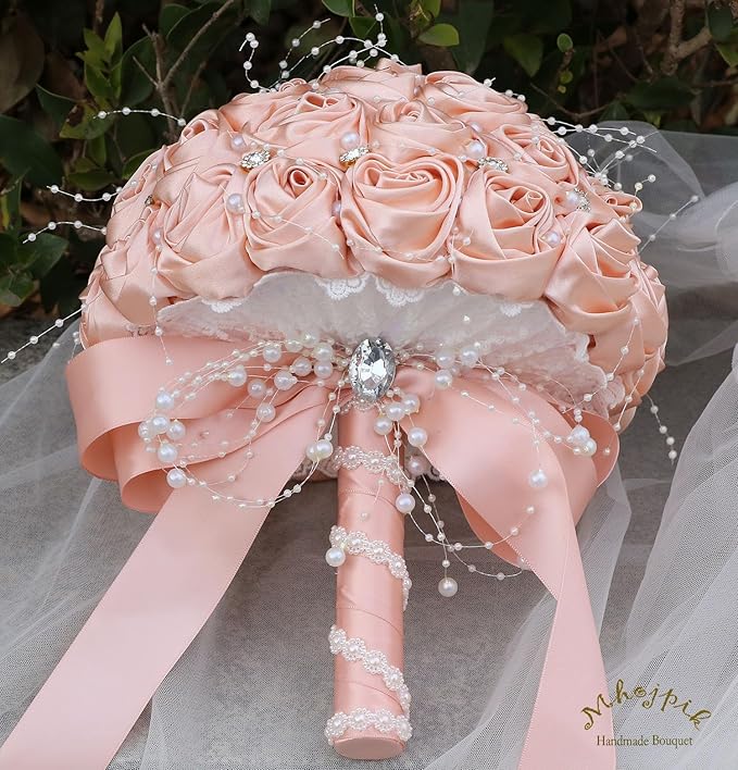 Bridal Wedding Bouquet Round Bling Brooch Bouquet Throw Toss Artificial Rose Flower Bunch for Bride Bridesmaid Wedding Quinceanera(Peach Pink, 9.8")