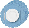 Set of 6 Blue Cotton Linen Placemats, 15x15 Scalloped Flower Embroidery Cloth Table Mats Double Layered Fabric Machine Washable Wrinkle Free Dining Placemat for Hotel Restaurant Kitchen Decor
