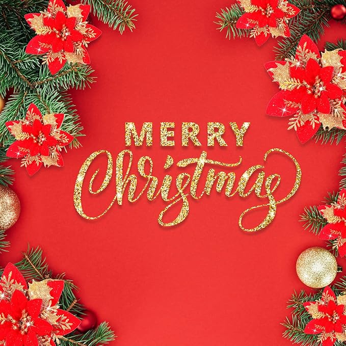 24 Christmas Glitter Artificial Poinsettia Flowers Xmas Poinsettia Artificial Wedding Flowers Decorations Xmas Tree Ornaments with Clips for Party Favors, 6 Inch, 4 Inch, 3 Inch (Red and Gold)