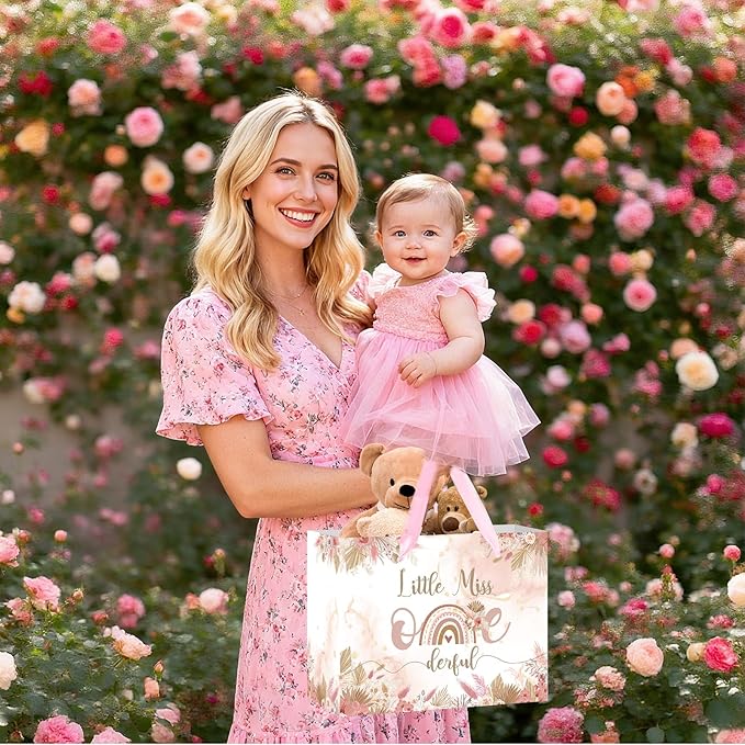 Onederful 1st Birthday Gift Bag for Baby Girl, Boho Floral First Birthday Gift Bags with Tissue Paper Greeting Card Little Miss Onederful Wrapping Paper Bag for Newborn Baby Shower One Year Old Party