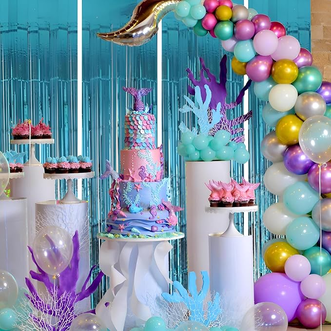 Keyali 4 Pack 3.3 * 8.3 ft Foil Curtain Metallic Tinsel Fringe Curtains Photo Booth Props Backdrop for Birthday Wedding Engagement Baby Shower Christmas Holiday Celebration Partyl,Light Blue