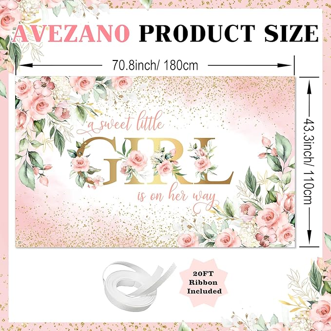Avezano Girl Baby Shower Backdrop Pink Floral Sweet Baby Baby Shower Banner A Sweet Little Girl is on Her Way Party Decorations Banner 70.8 x 43.3 Inch