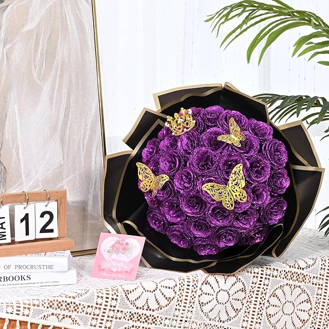 Waipfaru Glitter Roses Bouquet, DIY Fake Flowers Bouquet, Birthday Gifts for Women Mom, 36 Pcs Purple Rose for Wife Girlfriend Valentines, Mothers Day, Anniversary, Graduation