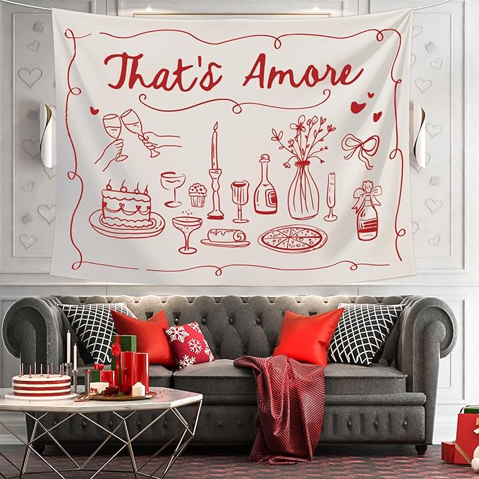 That's Amore Backdrop Italian Wedding Engagement Party Decoration Photography Background Banner Red Hand Drawn Photo Prop for Bachelorette Bridal Shower, 7 x 5 Ft