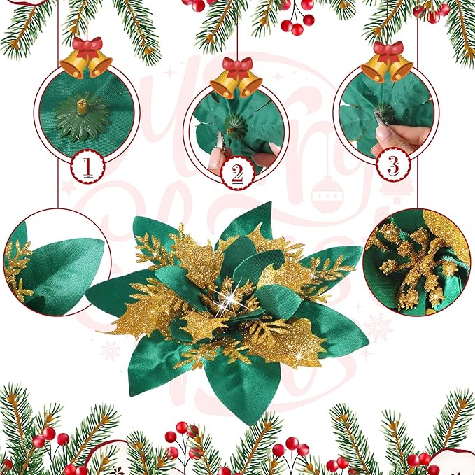 Geosar 24 Christmas Glitter Artificial Poinsettia Flowers Xmas Poinsettia Artificial Wedding Flowers Decorations Xmas Tree Ornaments with Clips for Party Favors, 6 Inch, 4 Inch, 3 Inch (Green, Gold)