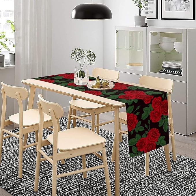 Red Rose Print Table Runner, Romantic Valentines Rose Summer Seasonal Dinner Runner Table Decoration for Home Kitchen Dining Holiday Wedding Party 13x108in