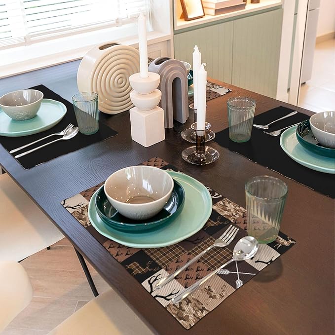 Vintage Camouflage Bear Moose Place Mats Set of 4 Pine Tree Wild Animal Kitchen Dining Table Mat for Indoor Outdoor Decorations 12 X 18 Inch 4 PCS, Style-21