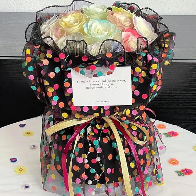 Oakbud Flower Wrapping Mesh Paper DIY Rainbow Polka Dots Tulle Floral Bouquet Gift Packaging Materials Craft Net Paper Florist Supplies Holiday Wedding Birthday Decoration 19.7inch x 1.64Yard (Black)
