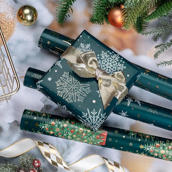 WRAPAHOLIC Christmas Wrapping Paper Roll - Mini Roll - 3 Rolls - 17 Inch x 120 Inch Per Roll - Green Christmas Tree and Snowflake Holiday Design with Metallic Foil Shine