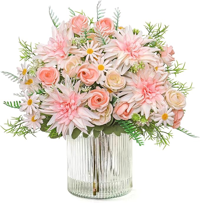 2PCS Artificial Flowers Dahlia Bouquet Fake Flowers Pink Silk Roses Daisies Faux Floral Arrangements for Dining Table Centerpieces for Kitchen Bridal Bouquet Wedding Party Home Decor