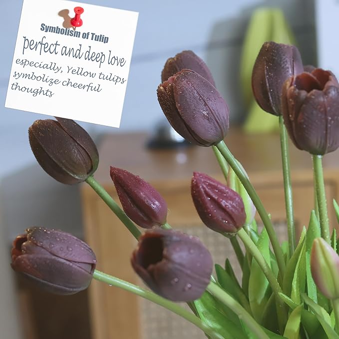 20pcs Artificial Tulip Flowers,16 Inch Real Touch Tulip Stems with Faux Leaves, Faux Tulips and Buds for Home Décor Centerpiece Ornament Wedding Bouquet,Midnight Purple