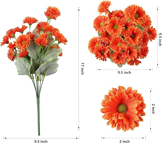 HyeFlora Dahlia Artificial Winter Flowers for Outdoors Christmas Decoration, 6 Bundles Fake Daisy Faux Plants Realistic UV Resistant Silk Flowers for Outside Planter Yard Garden Home, Orange Yellow