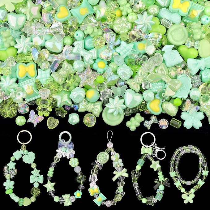 Assorted Acrylic Beads, 200-260PCS Green Cute Beads for Bracelet Making, GummyBear Bow Flower Candy Kawaii Charms for Jewelry Making DIY Necklace Keychain Phone Charm Christmas Gift