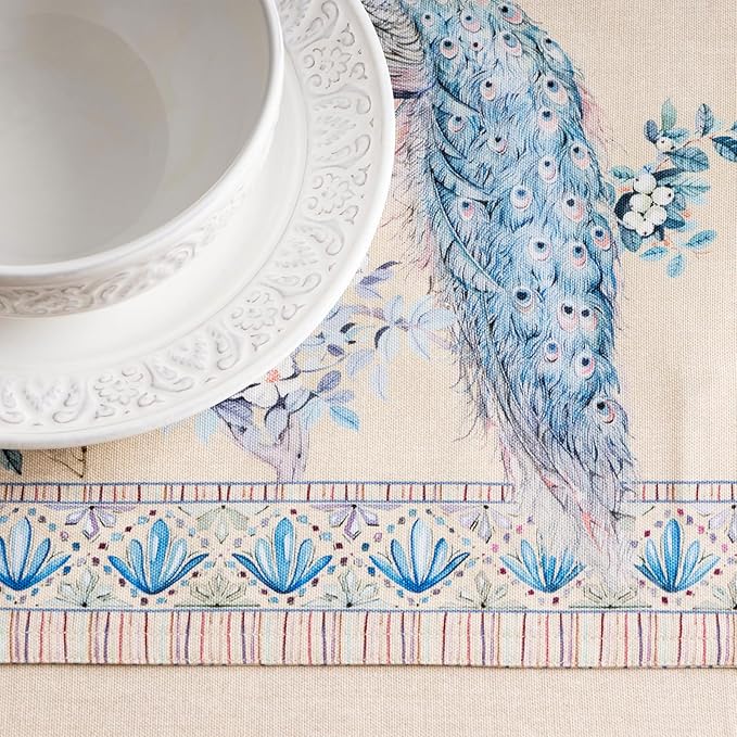 Maison d' Hermine Placemats 100% Combed Cotton Premium Set of 4 Decorative Table Cloth Placemat, Dining, Holidays, Buffet Party - Peacock Utopia - Sandy Beach (13 Inch x 19 Inch)