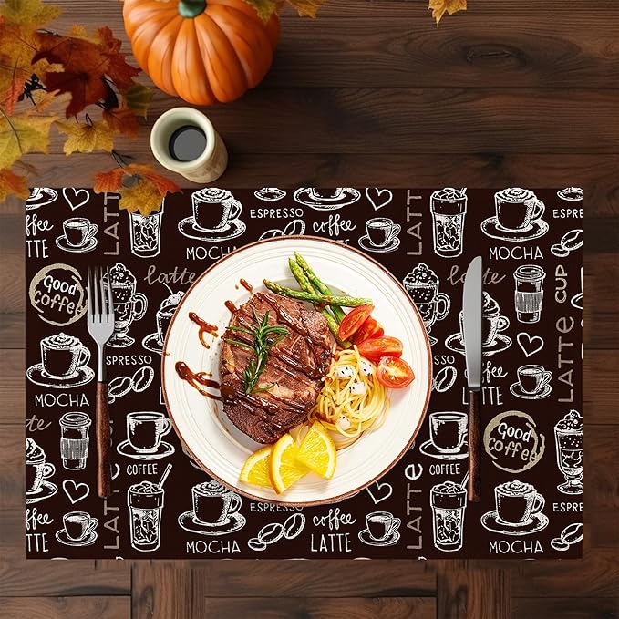 Coffee Placemats Set of 6,Washable Heat Resistant 12×18 Inch Linen Table Mats Funny Place Mats for Party Outdoor Dining Décor
