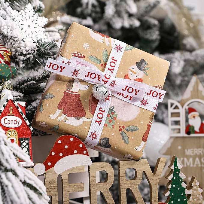 WRAPAHOLIC Kraft Christmas Wrapping Paper - Mini Roll - 17 Inch x 33 Feet - Snowman and Christmas Dog Wrapping Paper for Holiday, Party Celebration