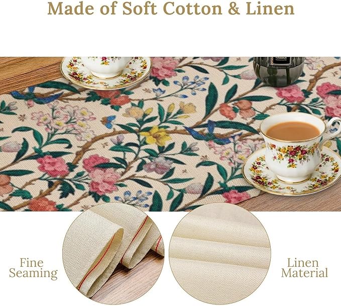 William Morris Vintage Floral Table Runner, Birds Butterflies and Bees Botanical Flower Original Design Print Table Runner for Home Party Dining Room Kitchen Decor 13x70 Inch
