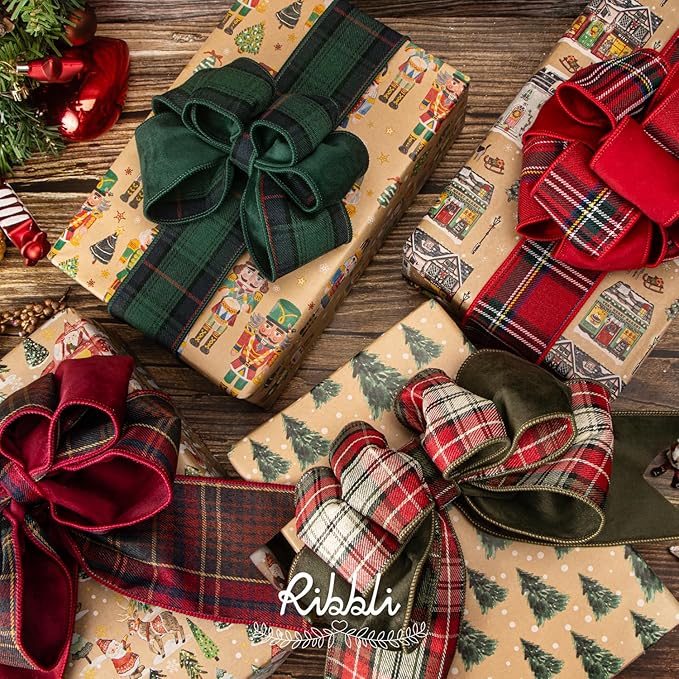 Ribbli Christmas Wrapping Paper 4 Rolls Vintage Kraft Wrapping Paper, 30 Inch x 10 Feet Per Roll, Brown Kraft Paper with Christmas Tree/Santa/Nutcracker/Street Scenes