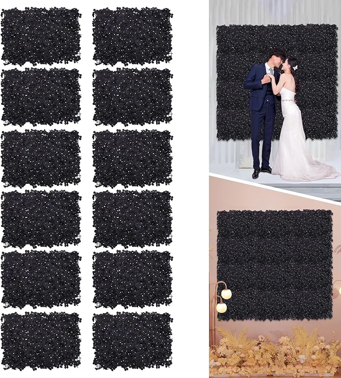 Flower Wall Panel Set,Black Artificial Wall Flower Backdrop,12 Pcs 23.62" X 15.75" 3D Silk Hydrangea Rose Floral Panel,Faux Roses Artificial Flower Backdrop for Wall Decor (12PCS-Black2)
