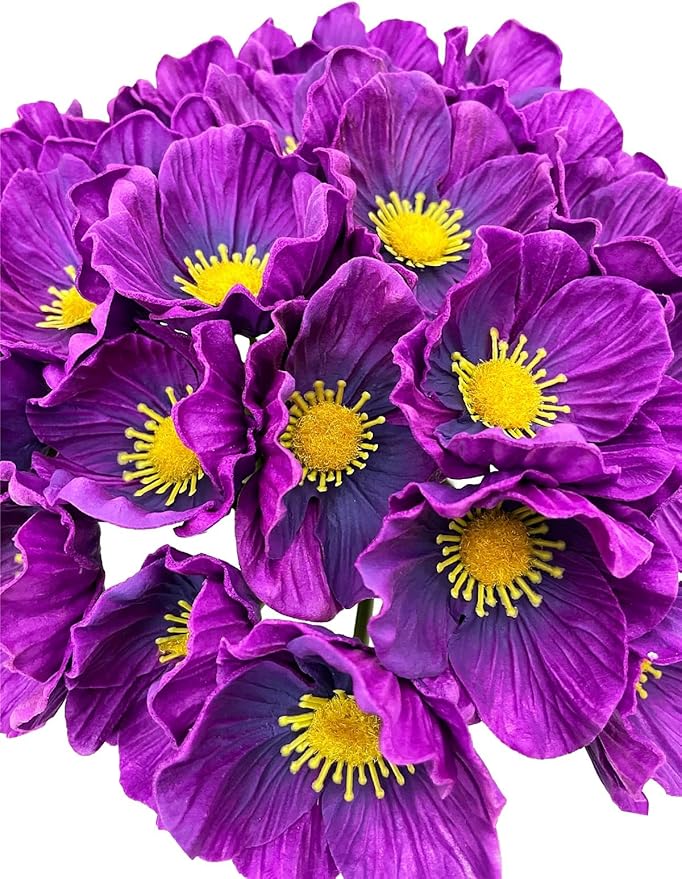 14Pcs Real Touch Anemone Poppy Bouquet for Artificial Flower Decor Kitchen Table Centerpiece Vase Home Greenery Wedding Holding Flowers Backdrop Arch Wall (Purplish Red)