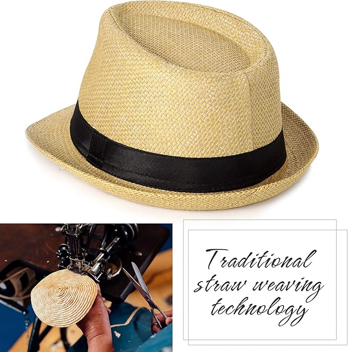 FADACHY Summer Straw Fedora Hat Short Brim Panama Sun Hat Trilby Beach Hat for Men & Women