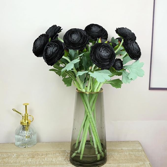 Artificial Ranunculus Flowers with Real Touch Stem,Silk Ranunculus Flowers (Black, 10)