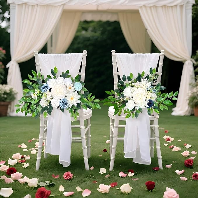 Artificial Wedding Arch Flowers (Pack of 2), White Wedding Flowers for Wedding Welcome Ceremony Sign, Faux Floral Swags, Banquet and Reception Backdrop Floral Decoration (White & Blue)
