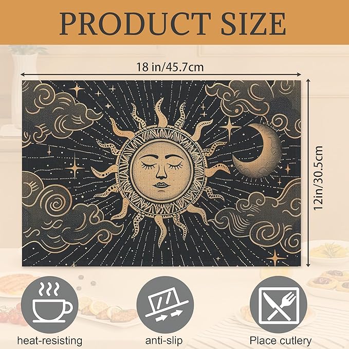 Moon Sun Zodic Placemats Set of 6,Washable Heat Resistant 12×18 Inch Linen Table Mats Witch Place Mats for Party Outdoor Dining Décor