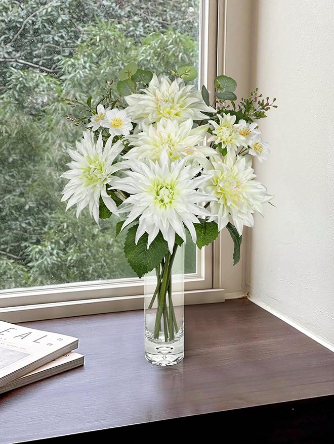Dahlia Artificial Flowers 12PCS Fake White Flowers Realistic Dahlia Daisies Silk Flower Long Stems Faux Flowers for Vase Floral Centerpiece Arrangements Wedding DIY Bridal Bouquet Party Home Decor