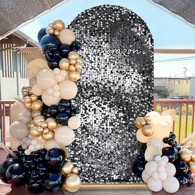 Black Sequin Arch Backdrop Cover: 6FT Party Arch Cover Sparkly Fitted Fabric Arch Covers for Birthday Party Halloween