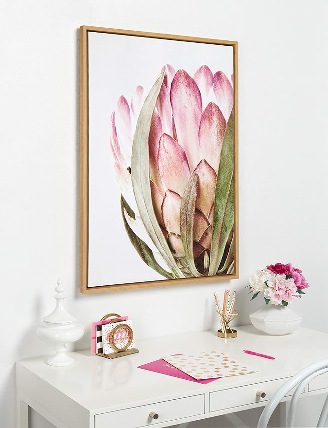 Kate and Laurel Sylvie Pink Protea Flower Framed Canvas Wall Art by Amy Peterson, 28x38 Natural