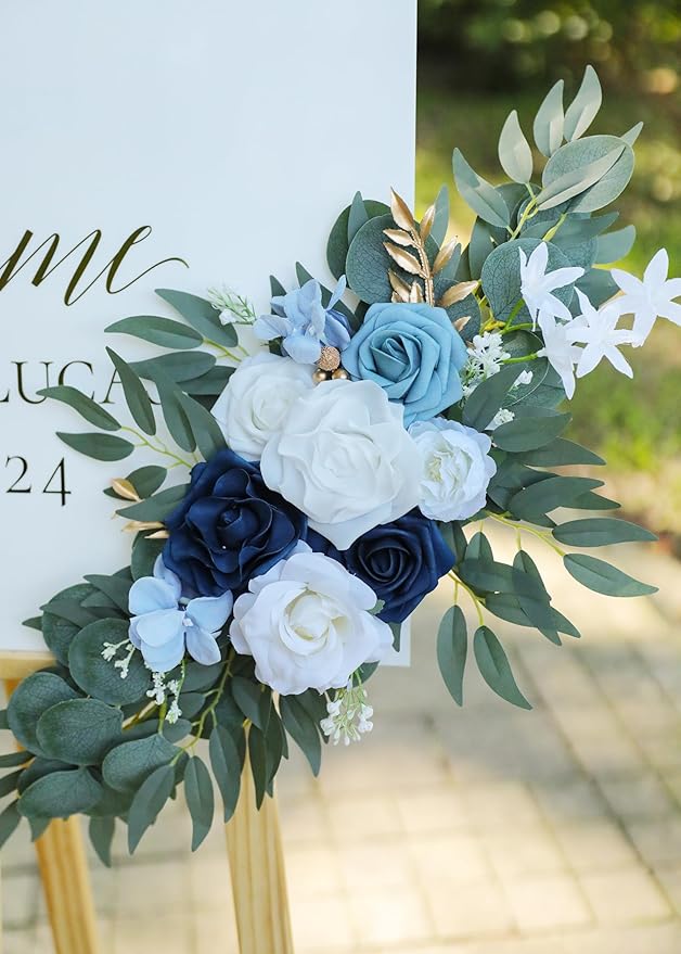 Artificial Dusty Blue Wedding Arch Flower Swags Set of 2 for Welcome Signs Floral and Wedding Reception Ceremony Decorations, White Flowers Decor