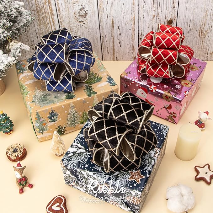 Ribbli Navy Blue Velvet Ribbon Wired with Glitter Diamond Grid 2-1/2 Inch Christmas Ribbon for Christmas Tree Decoration Big Bow Gift Wrapping Crafts Wreaths Garland Supplies - 10 Yards