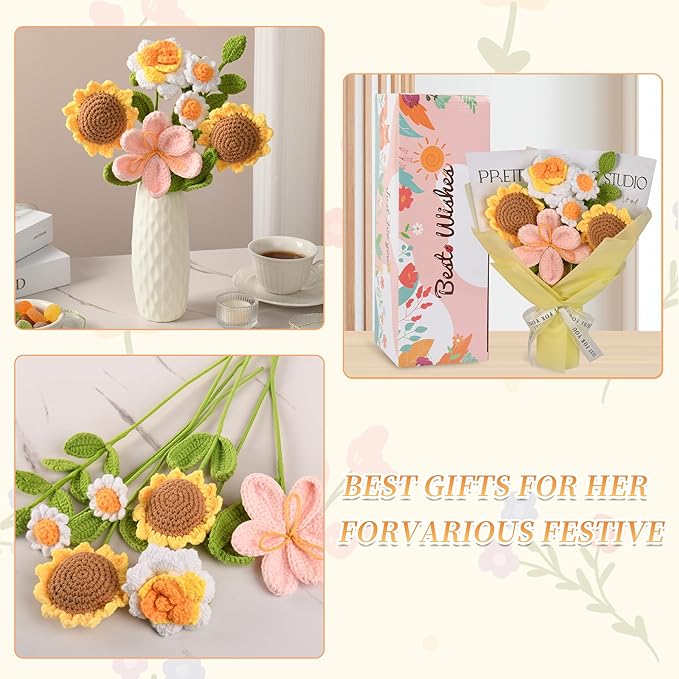 Crochet Flower Bouquet, Crochet Flowers for Graduation Gift, Handmade Sunflowers Tulips Roses 7Pcs, Wedding Bouquet, Home Decor, Anniversary, Birthday Gift for Women Wife Lover Friends (Sunflower)