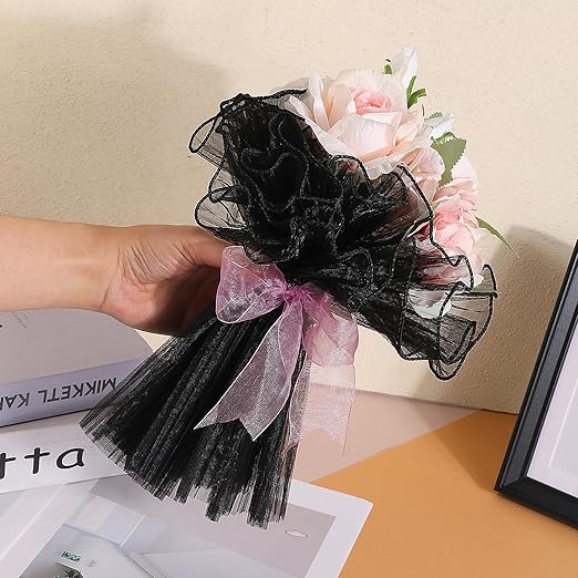 Black Flower Wrapping Mesh Paper 4 Yards Flower Wrapping Paper Wrinkled Wavy Net Yarn Flower Wrapping Mesh Paper Bouquet Floral Packaging Mesh Paper for Valentine's Day Mother's Day