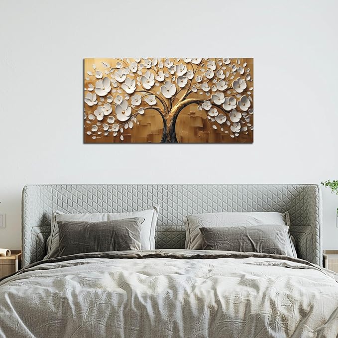 Large Wall Art for Living Room Bedroom Office Tree Art Wall Decor Gold Artwork Tree of Life Wall Art White Flower Framed Wall Decor Modern Canvas Prints 20x40 In