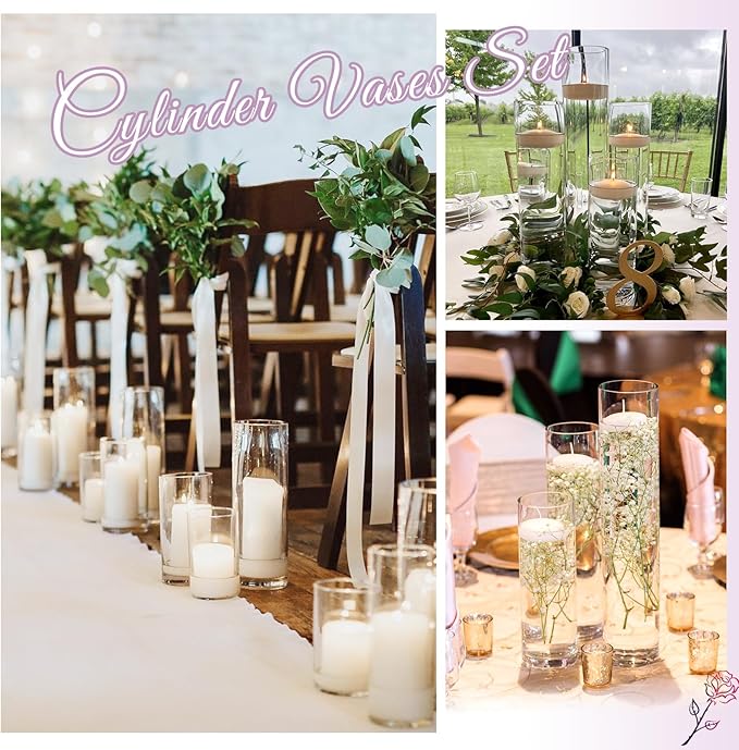 6 Pack Glass Cylinder Vases 14 Inch Tall Clear Flower Vase for Centerpieces, Hurricane Floating Candle Holder Wedding Decorations, Floral Vase Bulk for Table Shelf Party Home Deco (14 x 3.35 Inch)