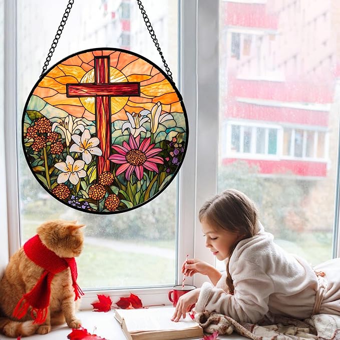Christian Gifts for Women - Cross Stained Glass Window Hanging Easter Flower Sunset Landscape Sun Catcher Garden Religion Decor Mother's Day Catholic Gift for Men Grandma Mom Her Nana 9.8"