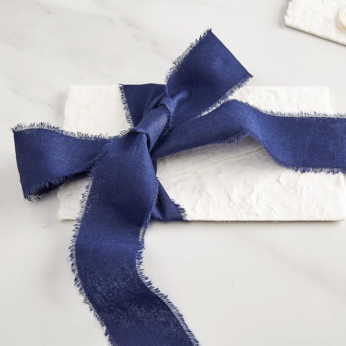Navy Blue White Ribbon 1-1/2 x 15 Yards Handmade Cotton Frayed Fringe Fabric Ribbons for Crafts Flower Bouquets Wedding Baby Shower Home DIY Decor