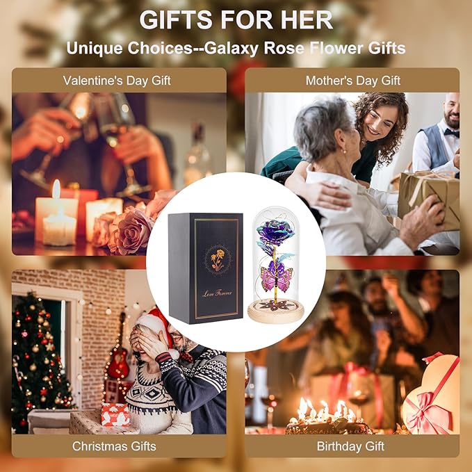 Beferr Christmas Rose Gifts for Women Mom Birthday Gifts, Galaxy Glass Rose Forever Preserved Flowers for Delivery Prime Light Up Rose in Glass Dome with Butterfly Xmas Gifts for Grandma Her Wife
