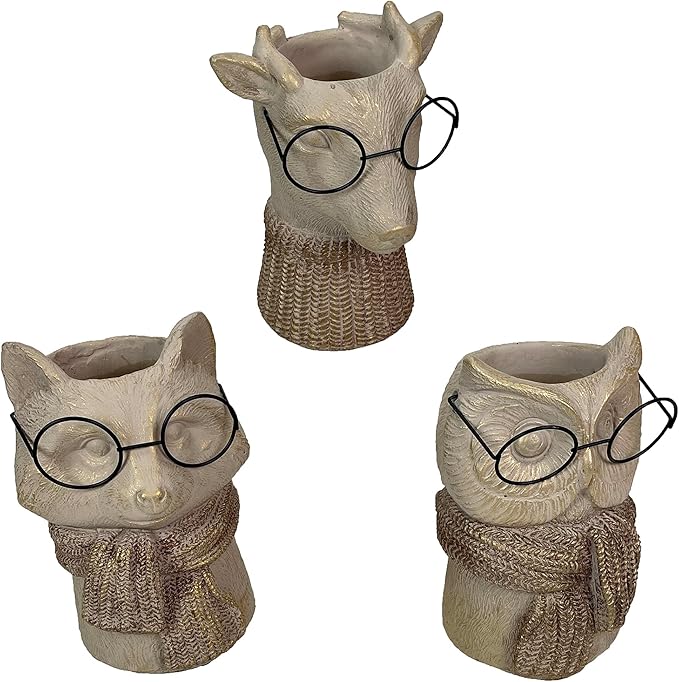 Set of 3 Bespectacled Animal Cement Vases – Fox, Owl, Deer, Gold Accents, Knit Textured Scarves, Real Wire Glasses, Whimsical Decorative Planters for Indoor Plants, Eclectic Gift for Home or Office