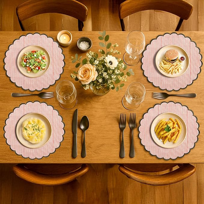 Ridhi Valentine Love Gift Round Pink Stripe Place Mat Double Layer Floral Cotton Washable Placemats 15" Embroidery Block Print Table Mat Pack of 4-15 Inch Heart