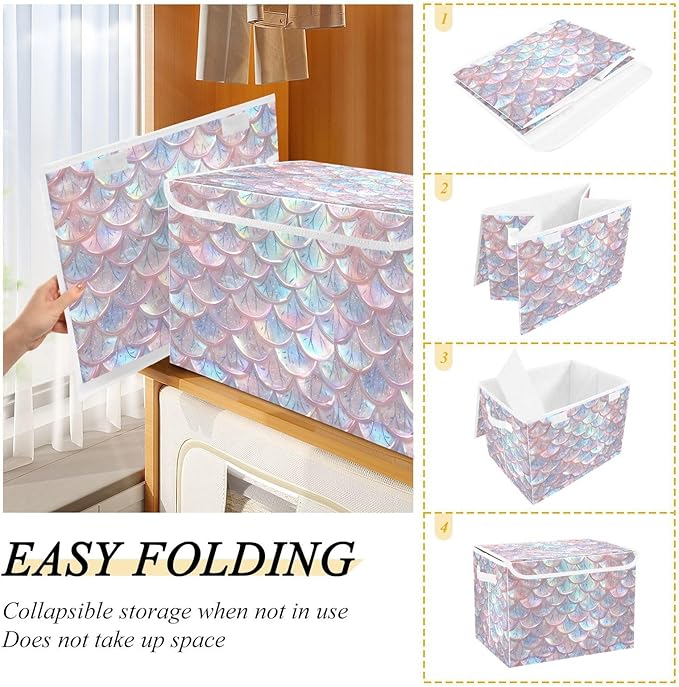 senya Baskets Collapsible Storage Bins with Lids, Pastel Sheer Mermaid Scales Storage Boxes Clothes Baskets for Organizing, B06D22020